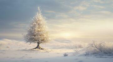ai generiert ein Schnee bedeckt Weihnachten Baum steht allein auf Schnee bedeckt Boden, foto