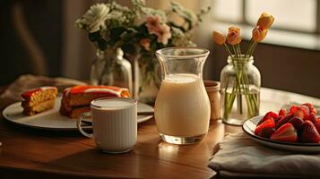 ai generiert köstlich ein Glas Milch auf das Tabelle ai generativ foto