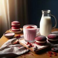ai generiert cremig Erdbeere Milch mit Mini Kuchen ai generativ foto