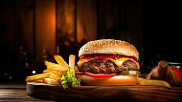 ai generiert köstlich und saftig Rindfleisch Burger auf das Tabelle ai generativ foto