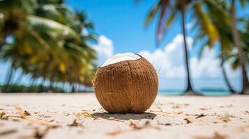 ai generiert Porträt Kokosnuss Obst auf das Strand ai generativ foto