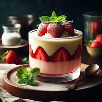 ai generiert frisch Erdbeere Pudding mit Minze Blätter ai generativ foto