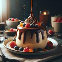 ai generiert köstlich Karamell Pudding mit Schokolade Belag ai generativ foto