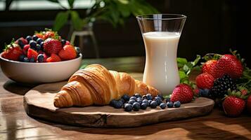 ai generiert Frühstück Croissant mit ein Glas Milch ai generativ foto