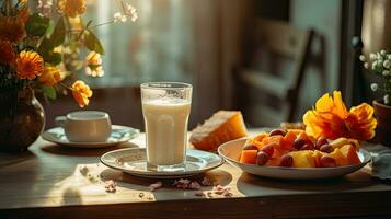 ai generiert köstlich ein Glas Milch auf das Tabelle ai generativ foto