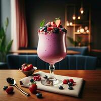 ai generiert Smoothie Himbeere Milch Dessert ai generativ foto