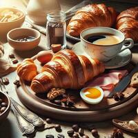 ai generiert Frühstück Croissant mit ein Tasse Kaffee mit Licht Exposition ai generativ foto