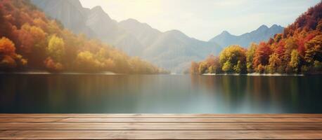 ai generiert das leeren hölzern Tabelle oben mit verwischen Hintergrund von See und Berg. generativ ai. foto