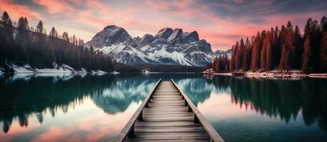 ai generiert hölzern Seebrücke auf das See beim Sonnenaufgang. generativ ai. foto