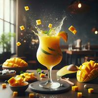 ai generiert Spritzen Mango Saft auf das Tabelle ai generativ foto