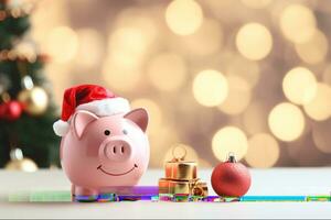 ai generiert Schweinchen Bank mit Santa Hut zum Weihnachten Ausgaben Budget und Geld Verwaltung foto