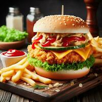 ai generiert köstlich Hähnchen Burger mit Französisch Fritten auf das Tabelle ai generativ foto