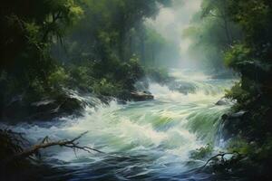 ai generiert Wasserfall im das Wald. Berg Fluss mit ein Wasserfall im das Wald, Impressionismus Gemälde abbilden ein Gezeiten Welle und Wald kollidieren im Natur, ai generiert foto