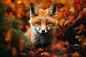 ai generiert rot Fuchs im das Herbst Wald. schön rot Fuchs im das Herbst Wald, ein neugierig Fuchs spähen aus von ein Herbst Wald, ai generiert foto