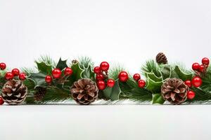 ai generiert Weihnachten Ferien Komposition von Grün Tanne Baum Geäst mit Geschenke Kopieren Raum foto