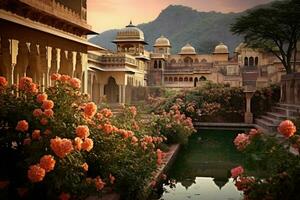 ai generiert schön Aussicht von das Bernstein Fort im Jaipur, Rajasthan, Indien, Garten auf maota See, Bernstein Fort, Jaipur, Indien, ai generiert foto