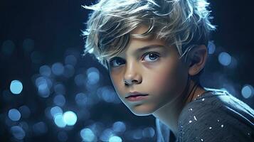 ai generiert wenig süß Jungs Porträt mit Blau Beleuchtung isoliert auf Blau Bokeh Hintergrund foto