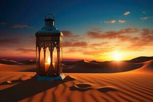 ai generiert Arabisch Laterne im das Wüste beim Sonnenuntergang. Ramadan kareem Hintergrund, Arabisch Laterne mit Verbrennung Kerze im Wüste beim Sonnenuntergang zum Ramadan, ai generiert foto