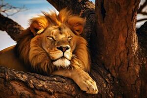 ai generiert Löwe im Serengeti National Park im Tansania, Afrika, ein Regal Löwe Nickerchen machen unter ein Baum auf das afrikanisch, ai generiert foto