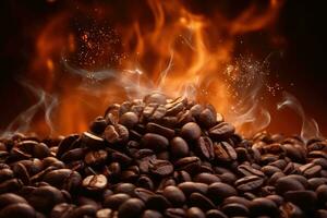 ai generiert geröstet Kaffee Bohnen mit Rauch und Feuer Hintergrund. schließen hoch, schön Hintergrund mit explosiv Kaffee Bohnen und Feuer mit Rauch im das Hintergrund, ai generiert foto
