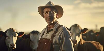 ai generiert Farmer Stehen im Vorderseite von ein Herde von Kühe. foto