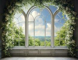 ai generiert üppig Innen- Heiligtum 3d Illustration von ein Gebäude Hosting ein blühend Garten, verbessert durch befleckt Glas Fenster und elegant Bögen im das Hintergrund. foto