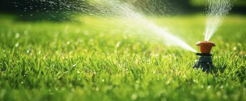 ai generiert automatisch Garten Rasen Sprinkler im Aktion Bewässerung Gras. ai generiert foto