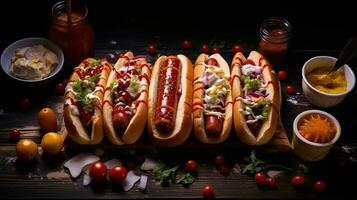 ai generiert köstlich Hotdog auf das hölzern Tabelle ai generativ foto