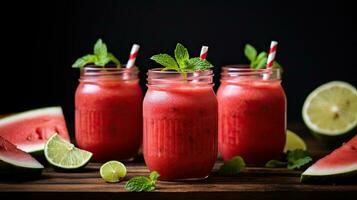 ai generiert frisch Wassermelone Saft mit Minze Blatt ai generativ foto