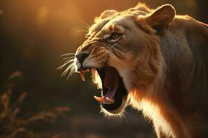 ai generiert Nahansicht von ein wütend brüllend Löwe bereit zu Attacke. generativ ai foto