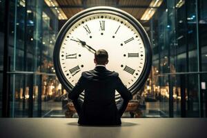 ai generiert Konzept von Zeit Verwaltung mit Mann und groß Uhr. generativ ai. foto
