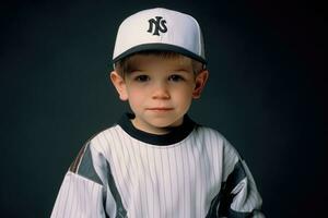 ai generiert Autismus. Kind. früh Zeichen von Autismus Syndrom im Kinder. tragen Baseball Anzug. ai generativ foto