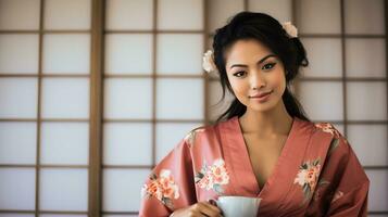 ai generiert ein Frau im ein Kimono genießen ein Tasse von Kaffee foto