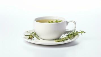 ai generiert ein Weiß Tasse von Tee mit Rosmarin auf ein Weiß Untertasse. foto
