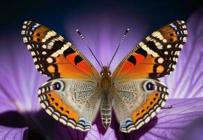 ai generiert ein Schmetterling mit Blau und Orange Flügel ist auf ein Grün Blatt foto