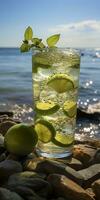 ai generiert atemberaubend Foto von Cocktail Mojito, ein sonnig Sommer- Strand im das Hintergrund. generativ ai