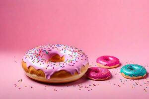 ai generiert Donuts auf ein Rosa Hintergrund foto