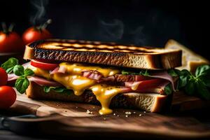 ai generiert ein gegrillt Sandwich mit Käse und Schinken auf ein hölzern Schneiden Tafel foto