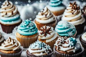 ai generiert Cupcakes mit Glasur und Schneeflocken foto