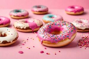 ai generiert Donuts mit Sträusel auf ein Rosa Hintergrund foto