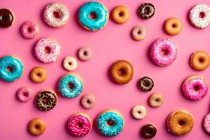 ai generiert Donuts auf ein Rosa Hintergrund foto