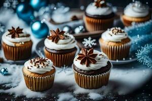 ai generiert Cupcakes mit Glasur und Dekorationen auf ein Tabelle foto