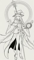 ai generiert Anime Magier Mädchen Linie Kunst Zeichnung skizzieren schwarz und Weiß einfach Hintergrund foto