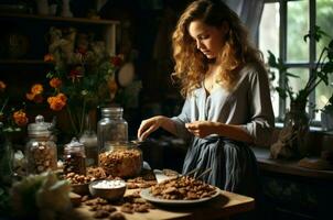 ai generiert sorgfältig Frau Herstellung Granola Riegel mit Nüsse beim Tisch. generieren ai foto