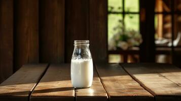 ai generiert Flasche von Milch auf hölzern Tabelle mit rustikal Innere foto