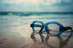 ai generiert Schwimmen Blau Brille auf Strand. generieren ai foto