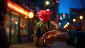 ai generiert Besondere Valentinstag s Abend jung Frau Überraschungen mit ein Rose beim ein Restaurant foto