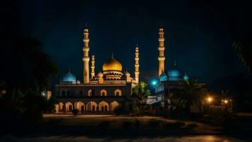 ai generiert Einbruch der Dunkelheit Gelassenheit von islamisch Moschee inmitten himmlisch Schönheit foto