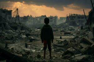 ai generiert klein Junge im Krieg zerrissen Bereich, gegenüber ein verwüsten, zerstört Gebäude foto