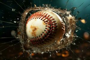 ai generiert kreativ Design Potenzial Baseball zerschmettert durch ein gebrochen Fenster foto